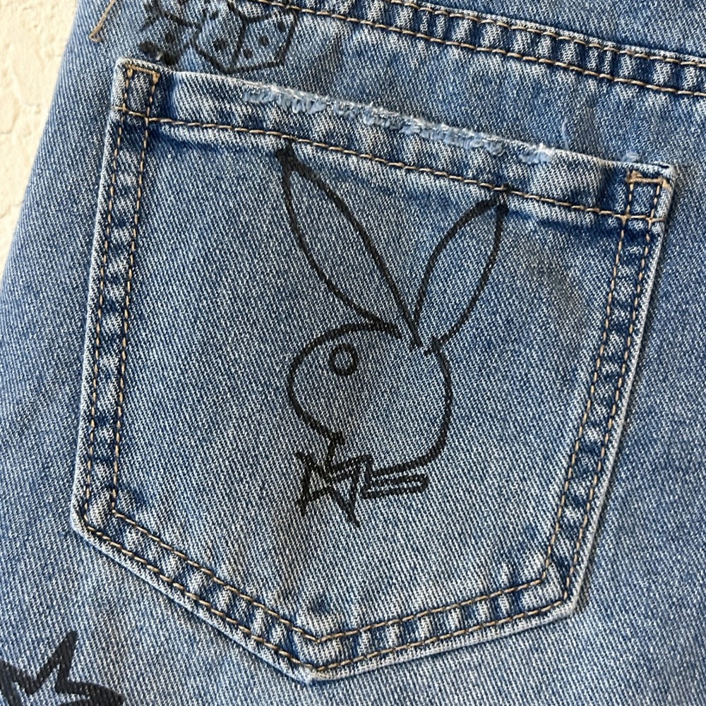 Vintage Y2K Playboy Shorts Size 1 Blue Denim Tattoo Graphic Print Grunge Raw Hem